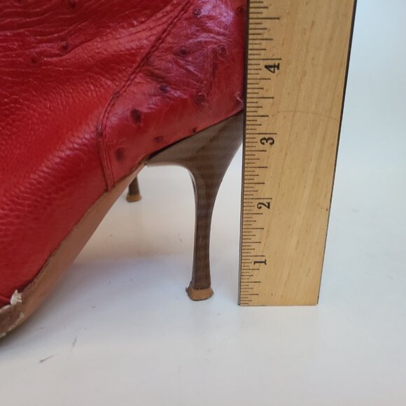 Vtg Goss Red Leather Ostrich Boots 6 Stiletto Pointed Toe Western Witchy Cowboy - Picture 11 of 16